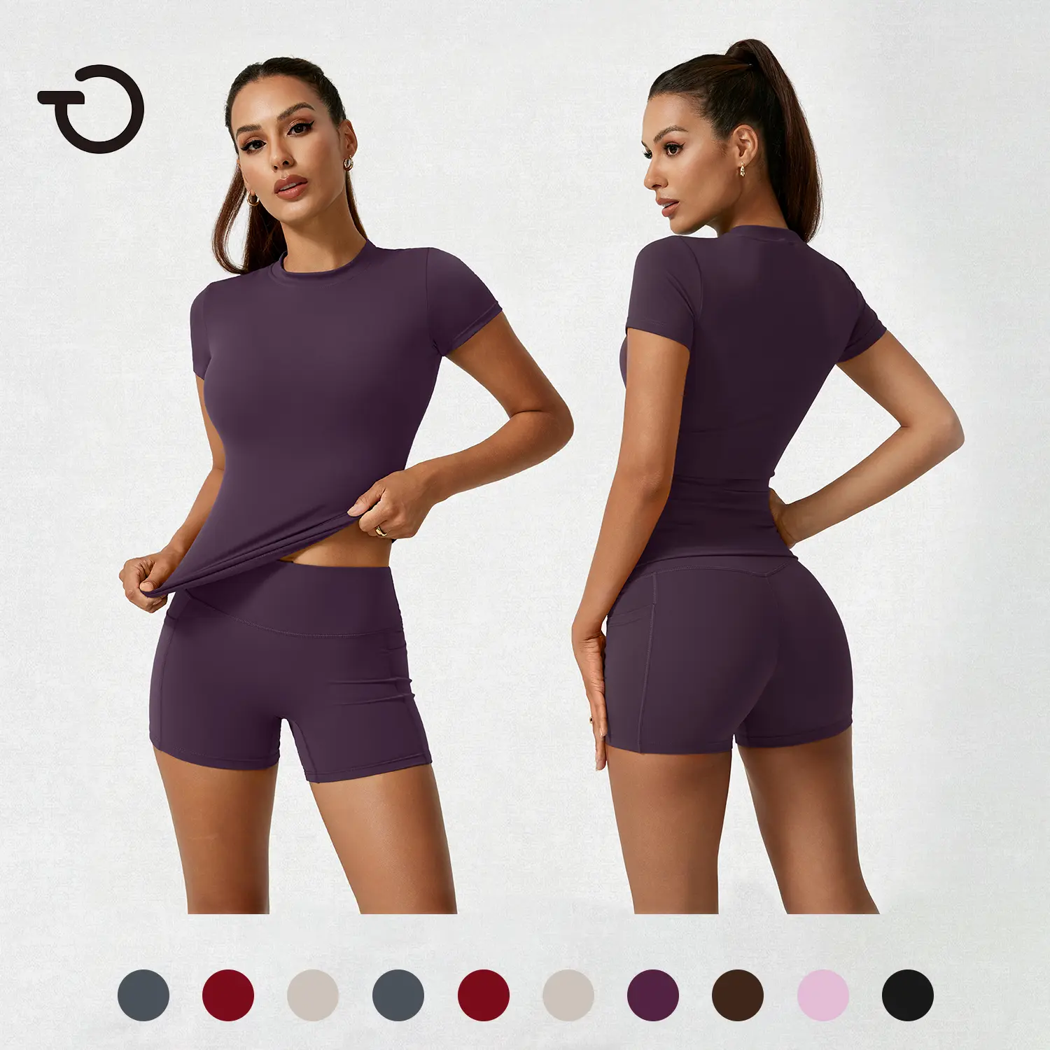 TimeOFF Women's 2 Piece Short Sleeve Active Set - Fitted Top & High Waist Biker Shorts with Pockets, Stretchy Fabric, Prevents Discomfort, Perfect for Workout & Daily Wear Four-Season Yoga