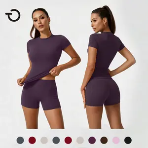 TimeOFF Women's 2 Piece Short Sleeve Active Set - Fitted Top & High Waist Biker Shorts with Pockets, Stretchy Fabric, Prevents Discomfort, Perfect for Workout & Daily Wear Four-Season Yoga