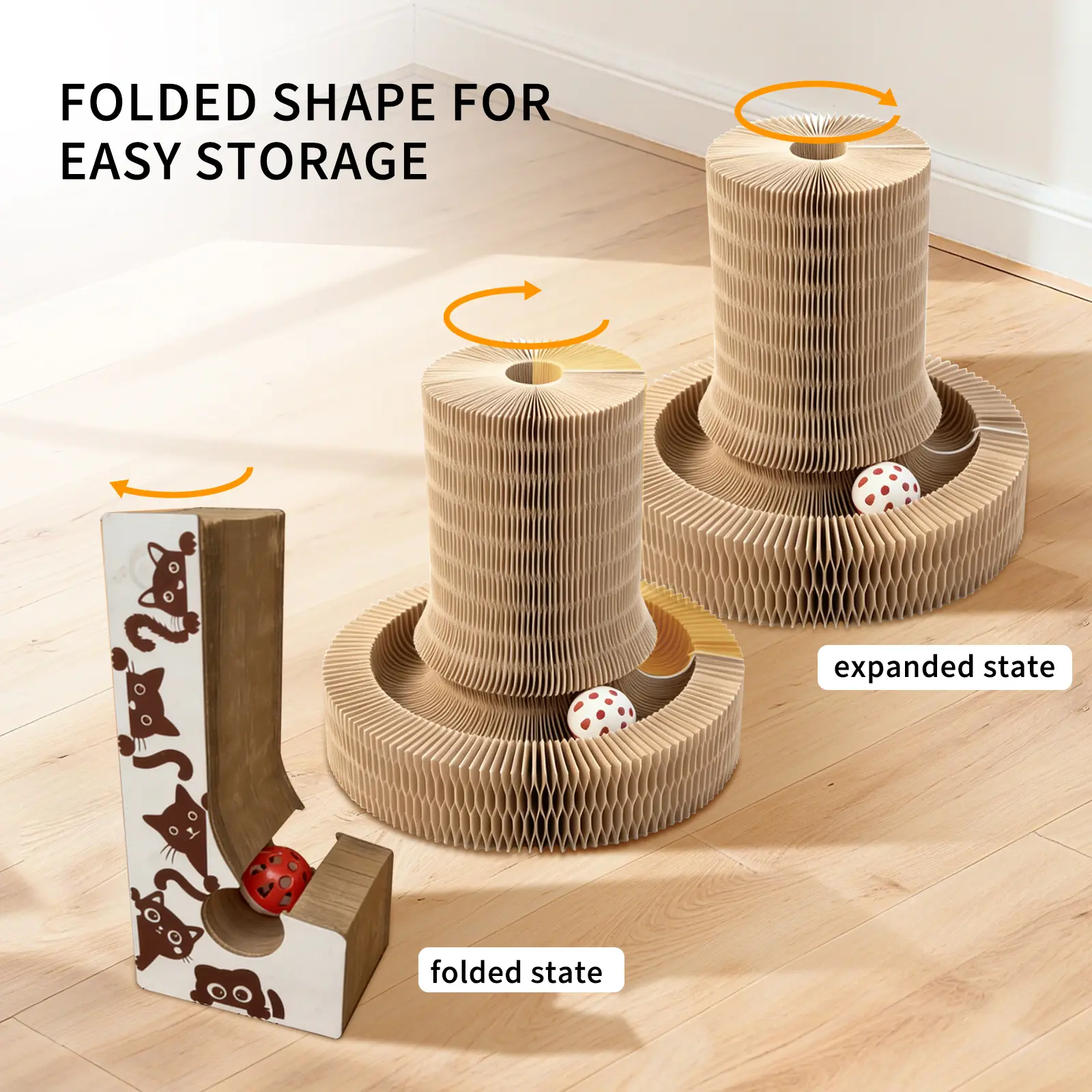 3-in-1 Cat Scratching Board with Ball Track Toy, Foldable Accordion Cat Scratcher, Interactive Cardboard Cat Toy for Indoor Cats, Durable Scratch Pad Furniture Protector Pet Supplies