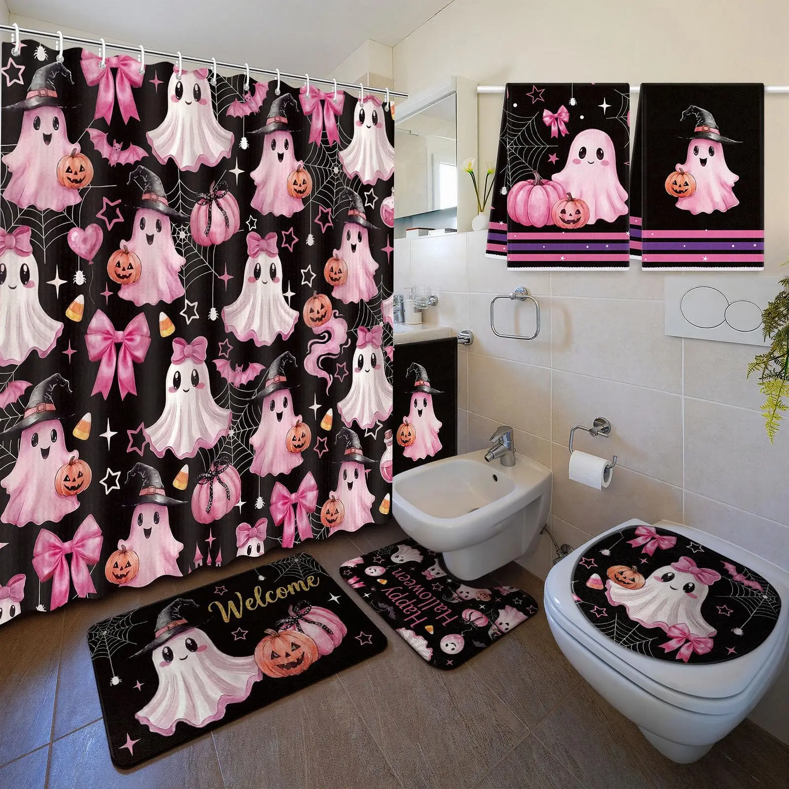 Halloween Bathroom Decor Cute Ghost Shower Curtain Set with Non Slip Rug & Toilet Lid Cover & Waterproof Bath Mat Restroom Shower Accessories Haunted Spooky House Decor Halloween Decorations Halloween Party Supplies Halloween Finds