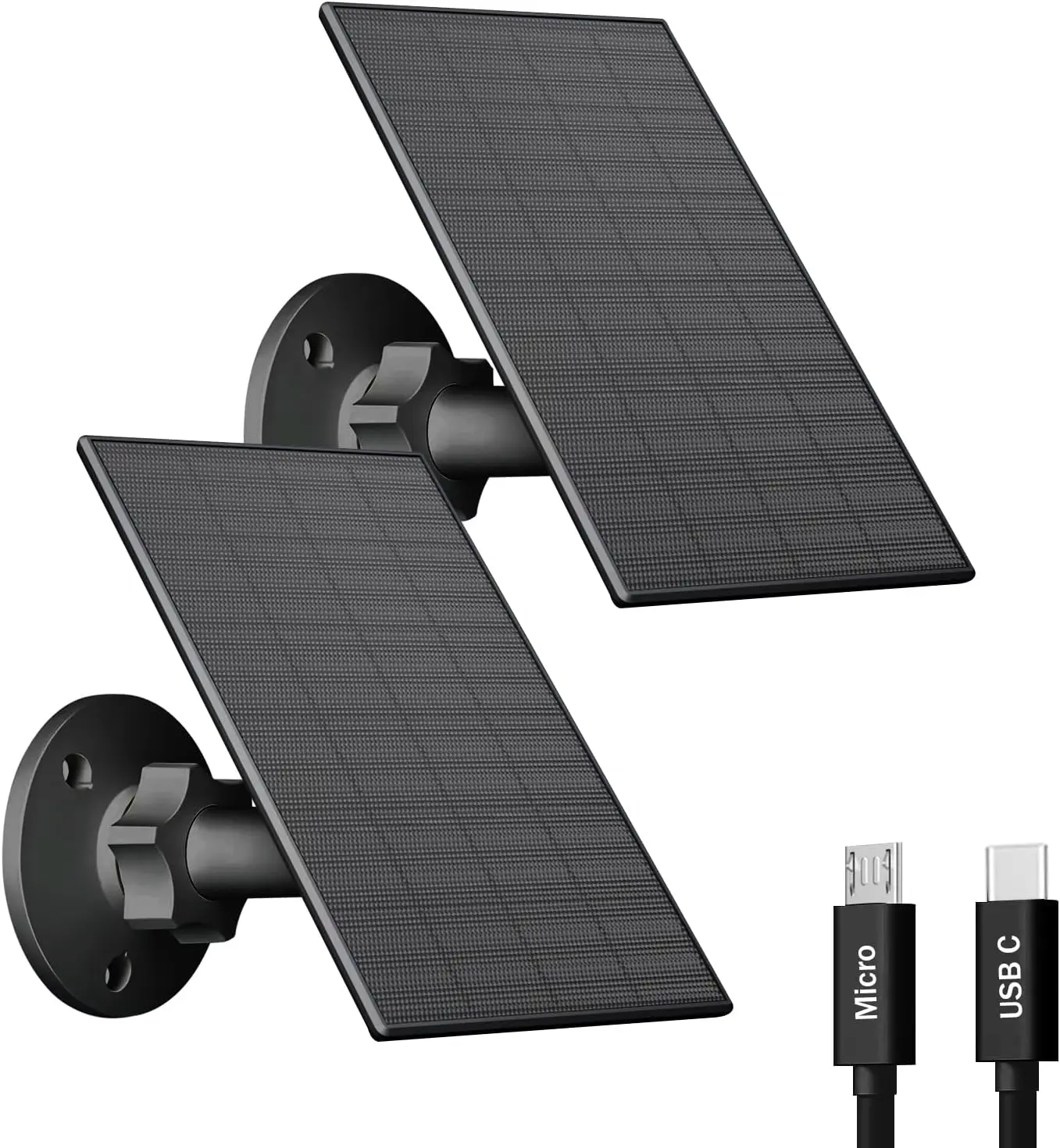 2W Solar Panel for Security Camera Outdoor, USB/USB-C Charger with IP65 Waterproof, 360° Adjustable Mount & 7.2ft Cable, Compatible with Rechargeable Battery Cameras (2 Pack, Black)