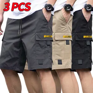 Men’s three-pack cargo shorts with multiple pockets and a ripstop fabric design; drawstring waist for adjustable sizing; suitable for camping, travel, everyday outdoor wear, and commuting—loose, casual straight-leg shorts loose casual short fit