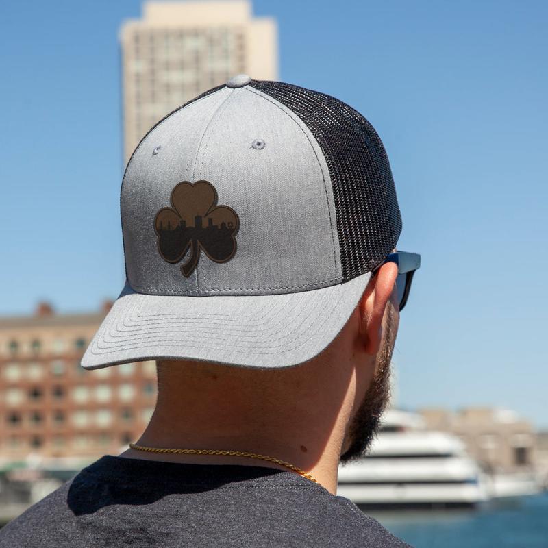 Boston Shamrock Skyline Leather Patch Classic Snapback Trucker Hat