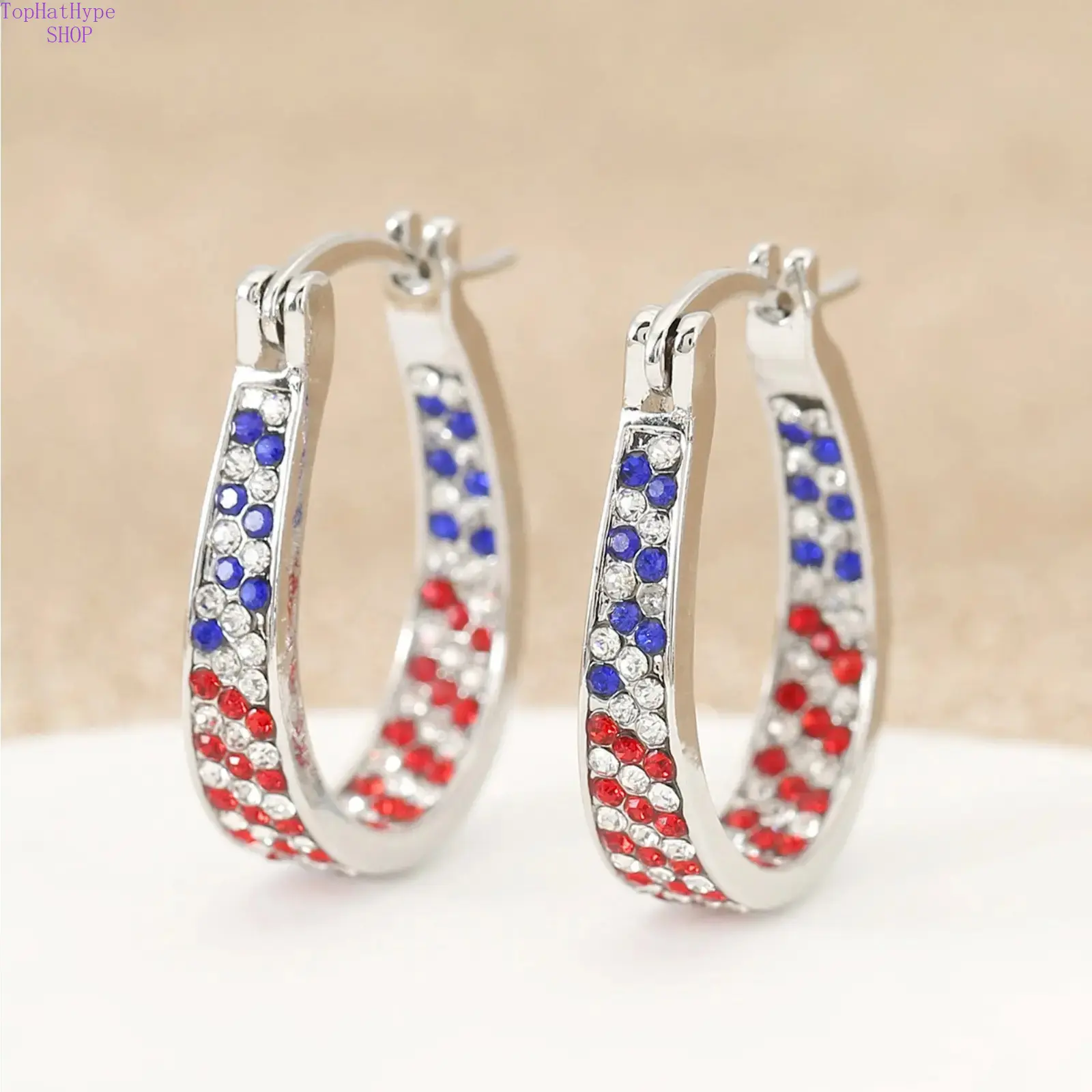Women’s Independence Day Two‑Tone Red & Blue Hoop Earrings, Sparkling Rhinestone‑Inlaid Circle Ear Jewelry, Stylish Patriotic Accessories for Daily Casual Wear, Holiday Parties & National Festival Events