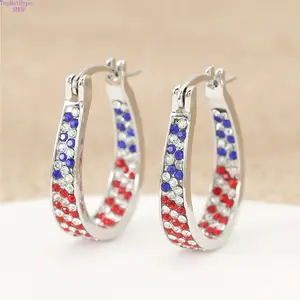 Women’s Independence Day Two‑Tone Red & Blue Hoop Earrings, Sparkling Rhinestone‑Inlaid Circle Ear Jewelry, Stylish Patriotic Accessories for Daily Casual Wear, Holiday Parties & National Festival Events