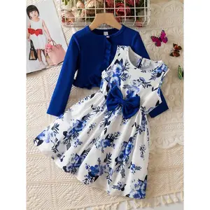 Preschool printed sweater dress and bow decoration crop top sweater set, daily outdoor casual fashion, spring and autumn preschool clothingRAIMENTRY