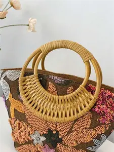 Rattan Woven Bag Handle Accessory Handmade round retro rattan grip replacement for handbags and picnic baskets. Stylish daily DIY accessory for women.