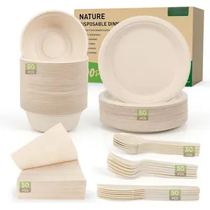 Disposable Paper Plates Set 300 count Compostable Sugarcane Plates, Bowls, Heavy-duty Utensil, Biodegradable Napkins,  Dinnerware Set for Party Camping 50 People