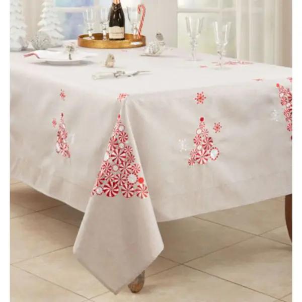 Saro Lifestyle 2071.S65104B 65x104 in Patterned Peppermint Christmas Tablecloth - Rectangle, Silver, All Seasons Outdoor Table Decor, Universal Multifunctional Home Backdrop, Peppermint Tree Accent, Holiday Decor