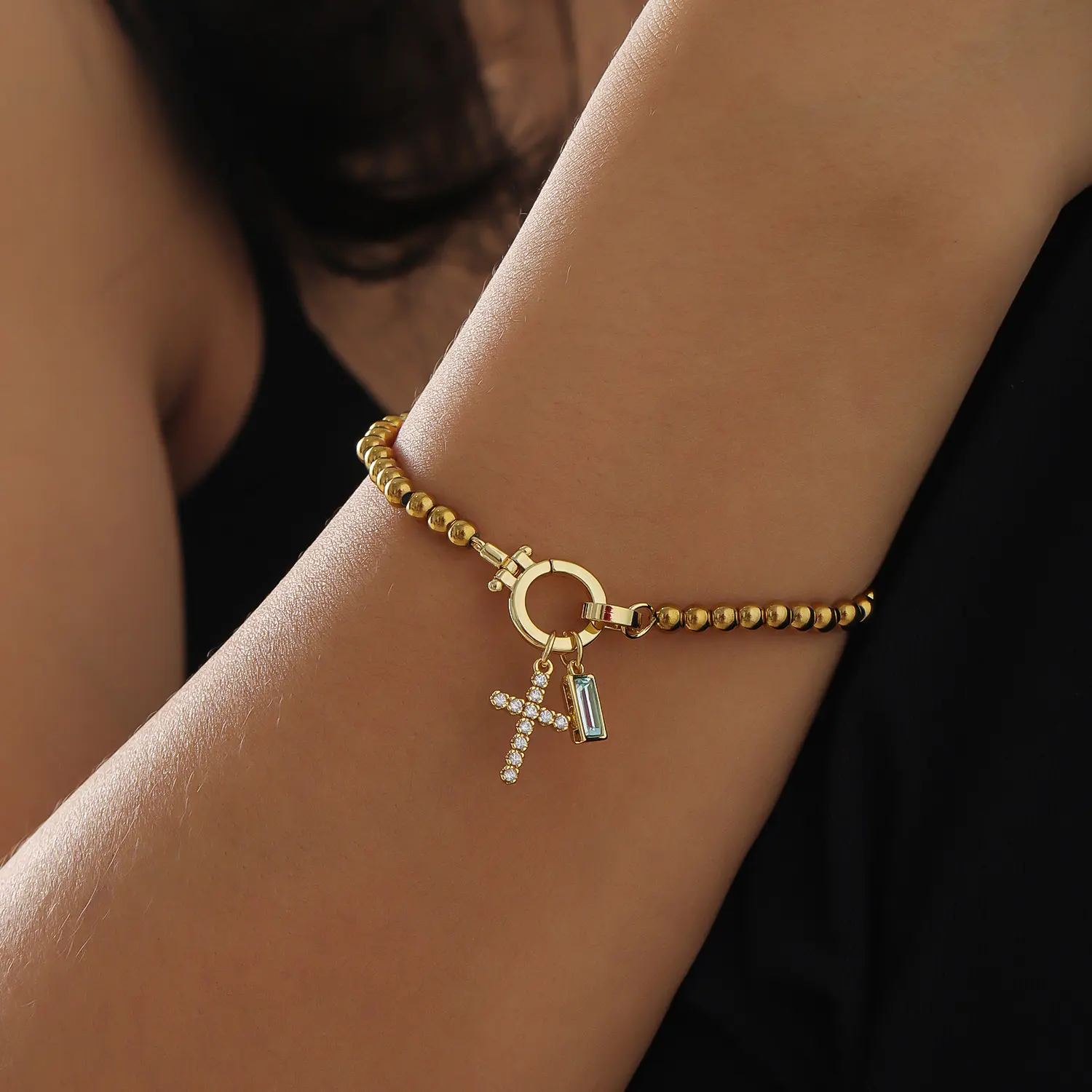 Cross Charm Birthstone Bracelet for Women-18K Gold Plated Stainless Steel Beaded Chain Blue Crystal Gemstone & CZ Cross Adjustable Faith Bracelet Mother's Day Gift for Everyday Birthday & Religious Gifts Christian Jewelry