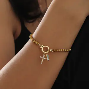 Cross Charm Birthstone Bracelet for Women-18K Gold Plated Stainless Steel Beaded Chain Blue Crystal Gemstone & CZ Cross Adjustable Faith Bracelet Mother's Day Gift for Everyday Birthday & Religious Gifts Christian Jewelry