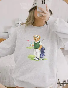 Retro Teddy Bear Golfer Sweatshirt Unisex Crewneck Ash Grey Graphic Casual Cute Comfy