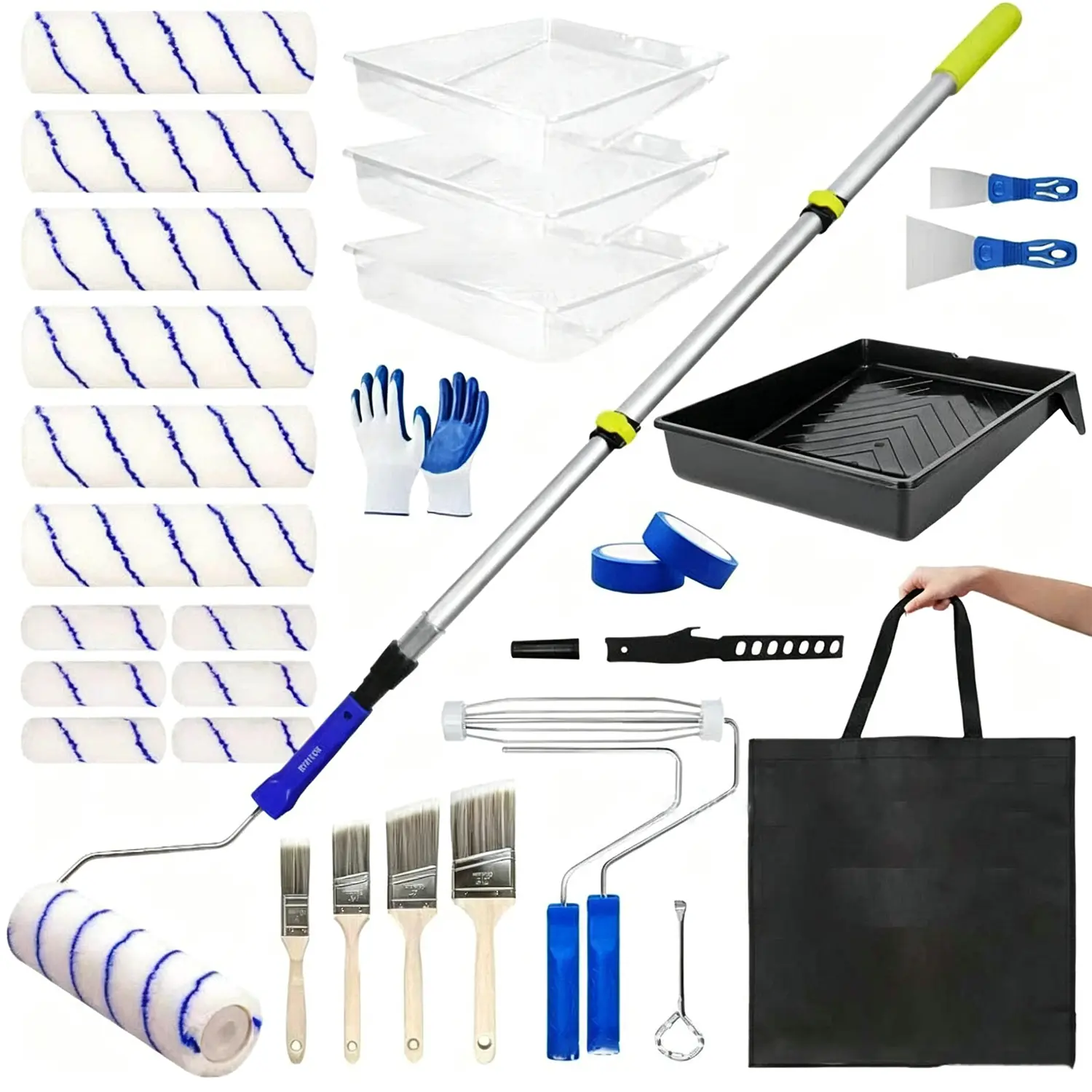 Complete Home Painting Roller Kit – 2-4FT Extension Pole, 9" & 4" Roller Covers, Tray, Brushes & Accessories for Walls, Corners & Ceilings