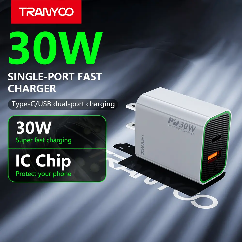 TRANYOO T-US13 30W USB-C Fast Charger Block with USB-A Port, PD Fast Charging Wall Charger, Smart IC Protection, Universal Travel Adapter, Compatible with iPhone, Samsung, iPad & More