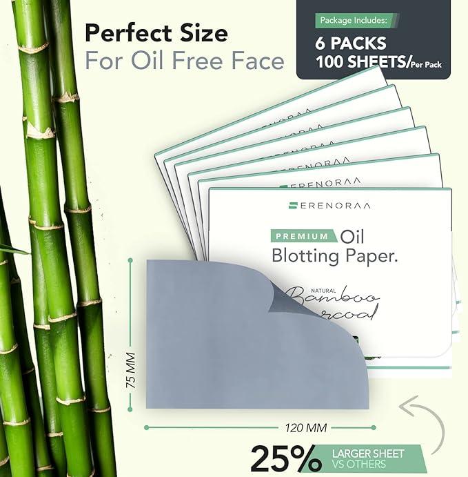 Natural Bamboo Charcoal Oil Blotting Sheets for Face - 6x100 Sheets with Extra Large 5x3" Thick Blotting Paper for Oily Skin - Dispensable Portable Pack - Reduce Skin Acne - Makeup Friendly