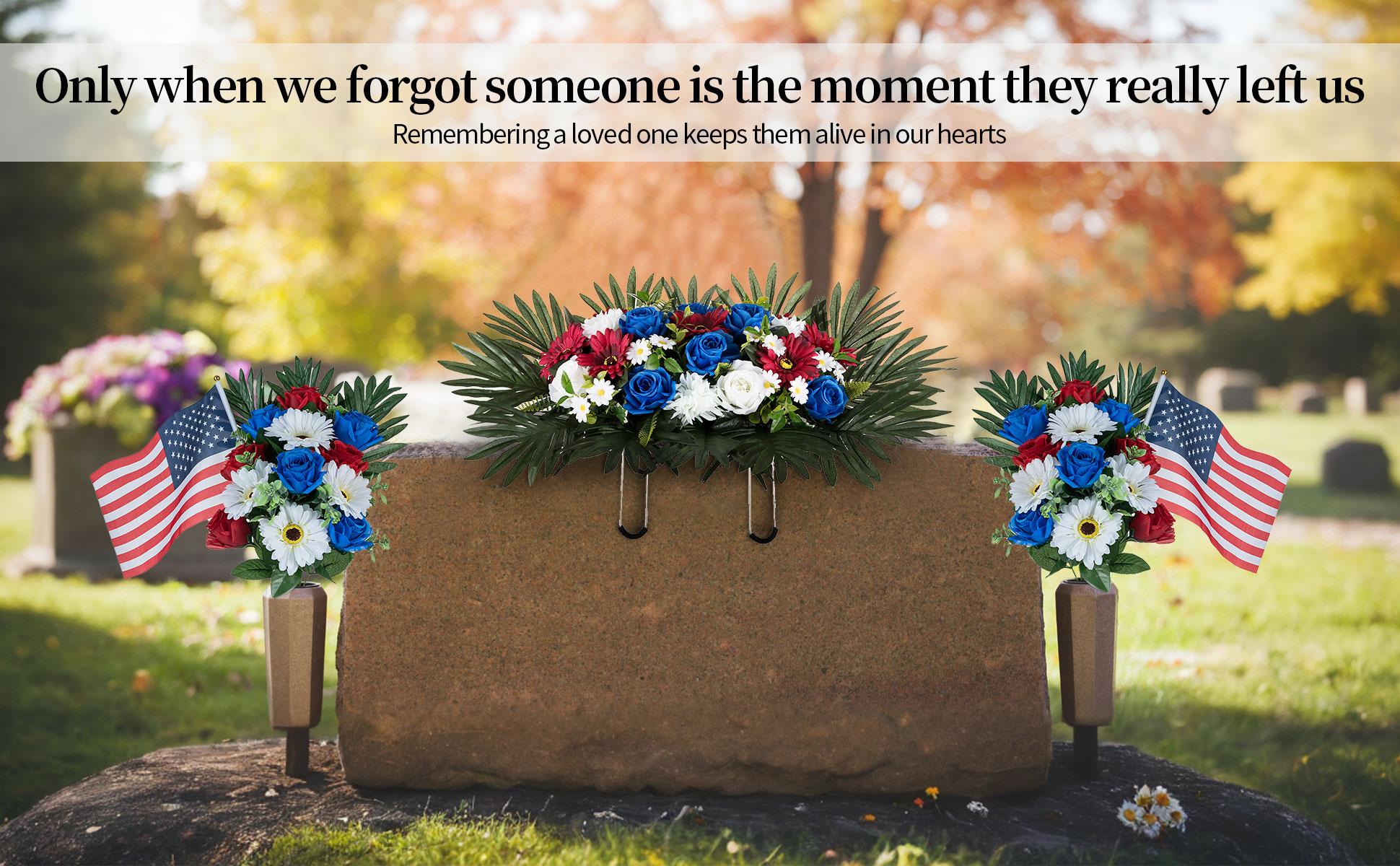 Memorial Day Flowers for Cemetery: 2 Pcs Outdoor Grave 250th Anniversary USA Decorations - Artificial Patriotic Cemetery Flowers for Grave - Red White Blue Roses with American Flags Vase
