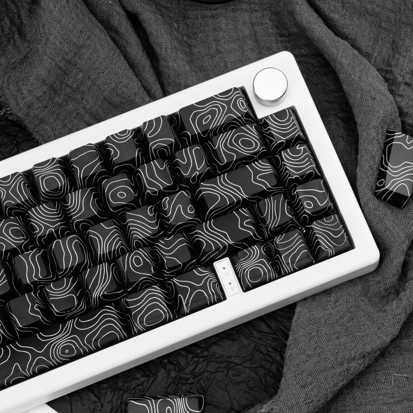 131-Key Black Topographic PBT Keycaps, Cherry Profile Side Printed Shine Through Dye Sublimation Custom Keycaps Compatible with All MX Switches Only Keycaps