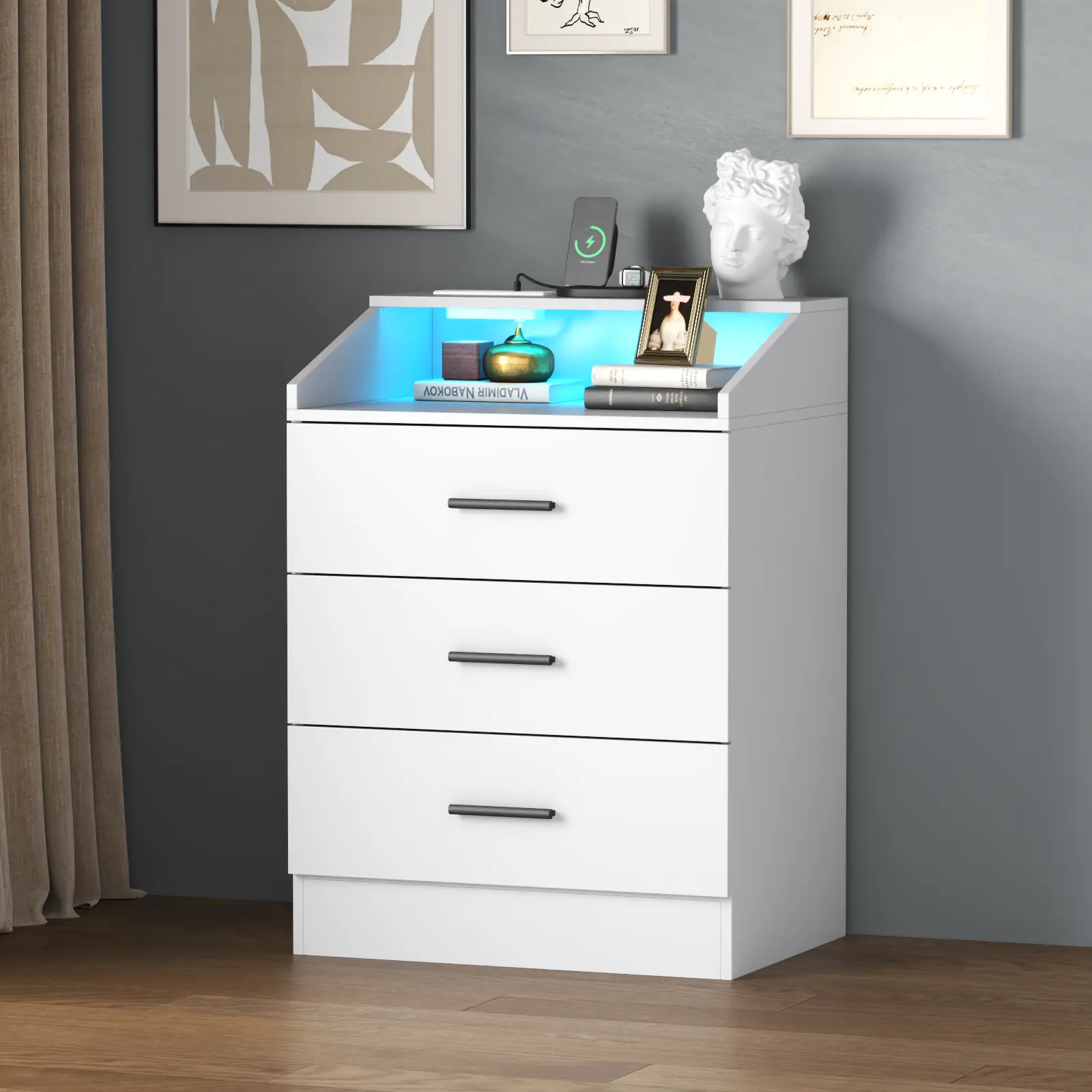 Gyfimoie 3 Drawer Dresser for bedroom with Power Outlet, White Dresser with LED Light, Modern Dressers with Open Storage Cubby, Chest of Drawers Storage Organizer for Bedroom, Hallway, Living Room(White) cicada  drawer bedroom dresser nursery  dresser