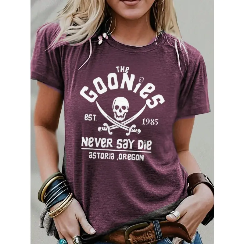 Women's Short-Sleeve Round Neck "Goonies Never Say Die" Retro Graphic T-Shirt, Comfortable Soft Cotton-Spandex Top, Vintage Skull & Bones Style, Nostalgic 80s Movie Fan Everyday Streetwear - 1-Piece