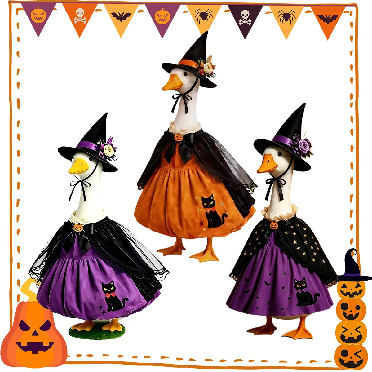 23 Inch Outdoor Lawn Goose Statue Costume Set Fall Pumpkin Dress & Witch Hat Goose Costume Set Halloween Thanksgiving Christmas Porch Goose Holiday Outfit