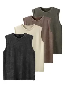 4pcs Men’s Vintage Washed Tank Top, Oversized Crewneck, Sleeveless Casual Streetwear, Soft & Breathable, Spring/Summer/Fall Gym Tee (1-Pack / 4-Pack)