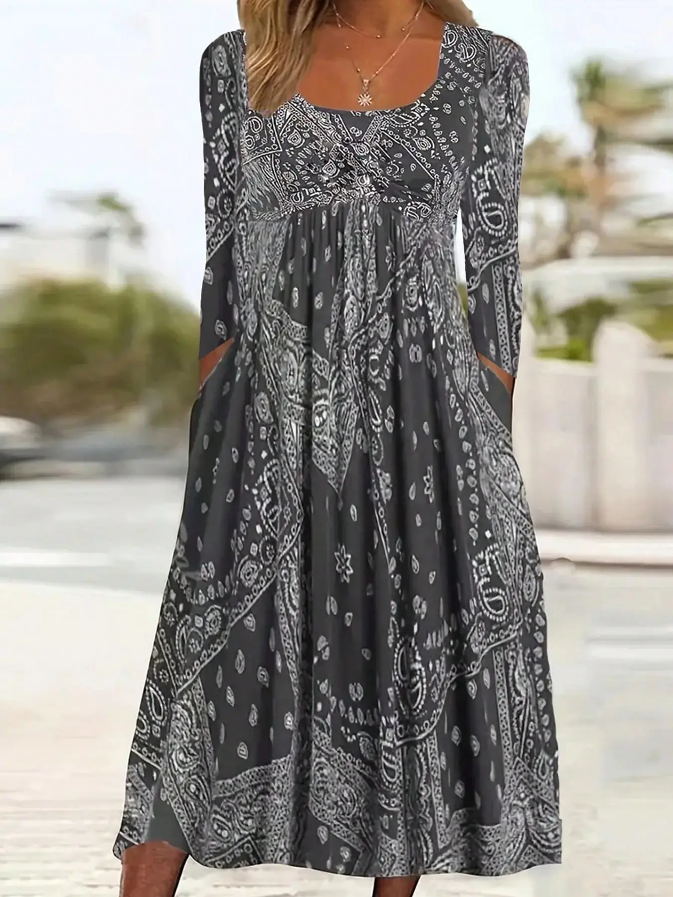 Autumn Winter Vintage Geometric Print Elegant Casual Fitted Plus Size Dress, Comfortable Trendy Women's Clothing, Stylish Party Wear Womenswear