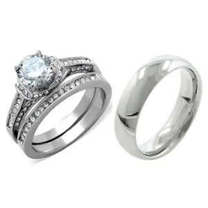 Unisex 3-Piece Tarnish-Free Stainless Steel Wedding Ring Set, 7x7mm Round Cut Prong-Set Stone CZ Matching Pair for Daily & Wedding Wear