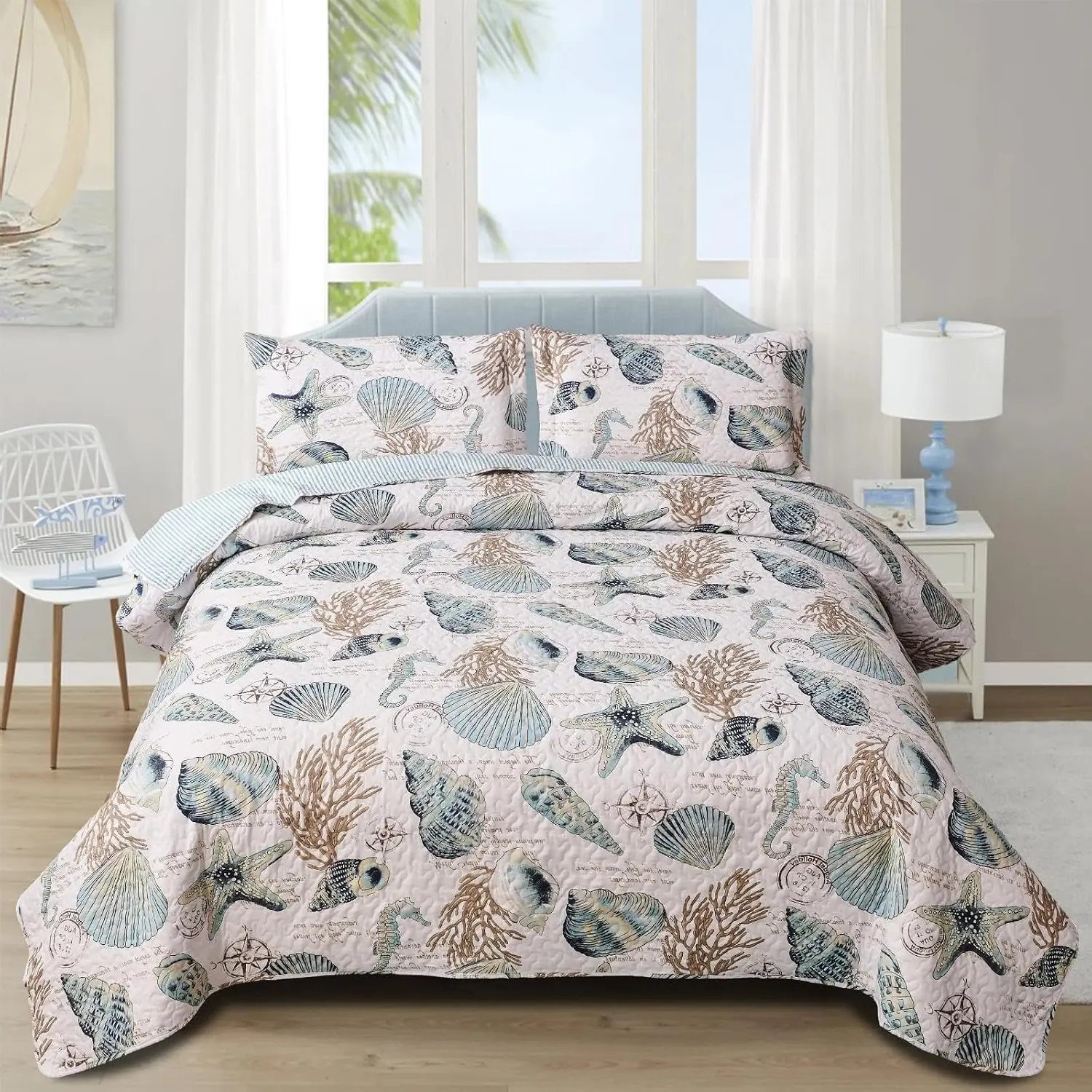 Beach Bedding Full/Queen Size Lightweight Coastal Bedspreads Ocean Theme, 3Pcs Conch Seashell Starfish Quilts Set Nautical Seahorse Coverlet with Pillow Shams (90"x90")