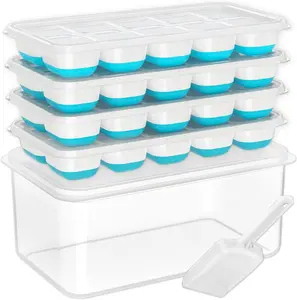 Leakproof Flexible Reusable Silicone Ice Cube Tray Set with Lid, Storage Bin and Scoop - 4 Pack Stackable Portable Ice Bucket Kits for Kitchen, Cocktail Use