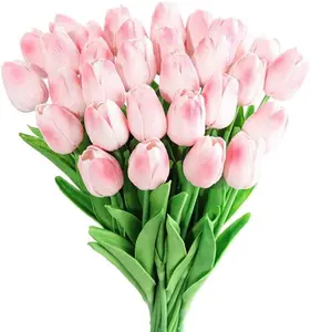 20pcs Pink Faux Tulips Flowers Fake Flowers Bouquets 13.5" Mother's Day Easter Valentine’S Day Gifts in Home Kitchen Wedding Dining Table Decorations Aesthetic No Odor