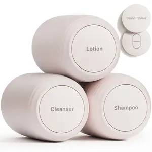 Trimcoo New Travel Toiletry Containers [Ultra Leakproof] TSA-Approved, PLA Hard Shell Jars with 5 Magnetic Labels, Wide Mouth Bottles for Lotion, Cleanser, Shampoo, Conditioner, Beige, 3 Pack, 2OZ