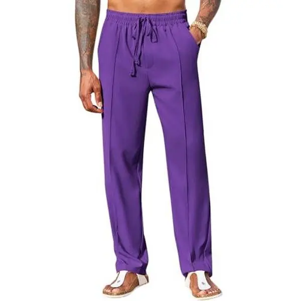 Beotyshow Mens Cotton Linen Pants Casual Drawstring Elastic Waist Loose Fit Beach Yoga Pants