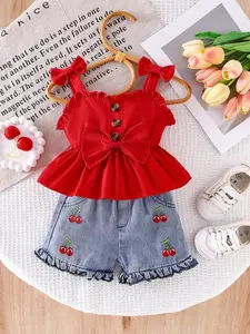 Baby Girl Summer 2-Piece Set Outfit, Button Bow Tie Halter Top + Cherry Embroidery Denim Shorts, Sweet Fashion Baby Clothes