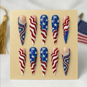 Luxury July 4th Press On Nails Red White and Blue Glitter Patriotic USA Flag Nail Art Gif For Her On Independent Day