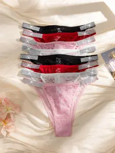 Women's Transparent Sheer Lace Sexy Bikini Thong Panties, Sparkling Belt Design, Plus Size Elastic Underwear, All Seasons, 8 Pack, Shiny