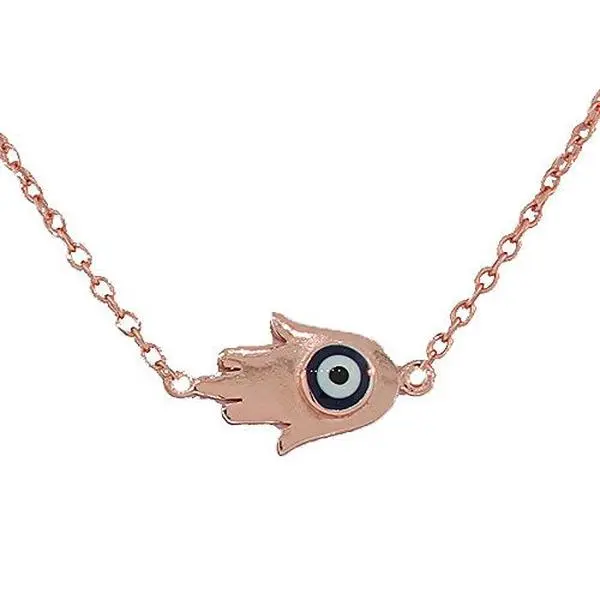 Women's 925 Sterling Silver Hamsa Evil Eye Pendant Necklace, Yellow Gold-Tone, 0.56in x 0.27in, 16.00In - 18.00In Adjustable Spring Ring Chain, Ethnic Casual Daily Jewelry Gift for Women
