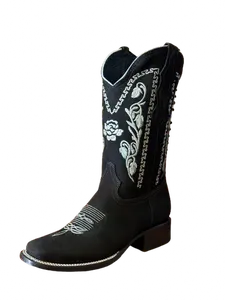 Women's Brown Nobuck with Flowers Leather Square Toe Rodeo Boot Girl Footwear