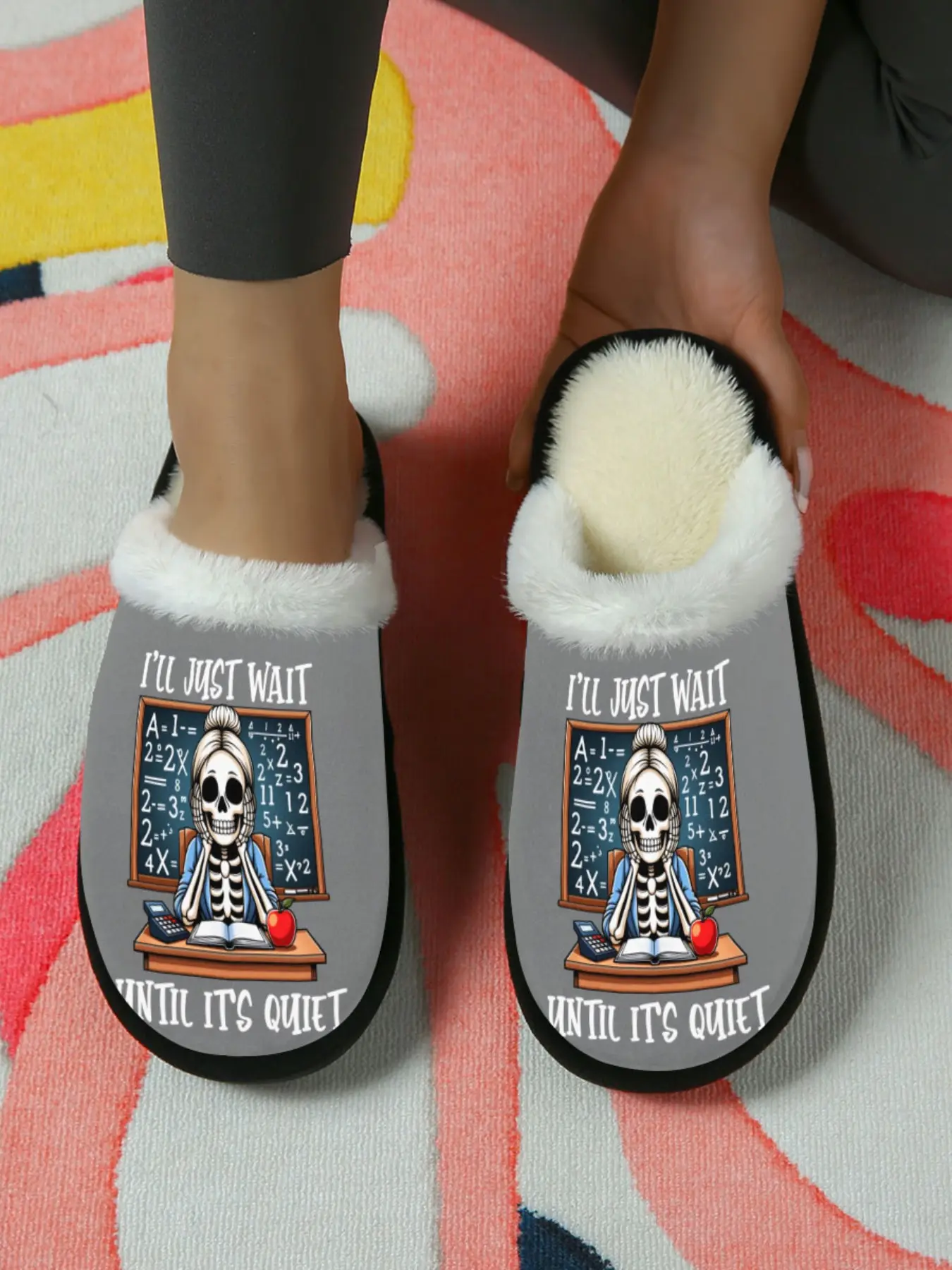 Skeleton Teacher Quote Slippers 1 Pair, Dark Cute Style with "I'LL JUST WAIT UNTIL IT'S QUIET" Print, Plush Fuzzy Lining Anti Slip Sole, Cozy Home Relaxation Essential, Perfect Gift for Quiet Moments Lovers