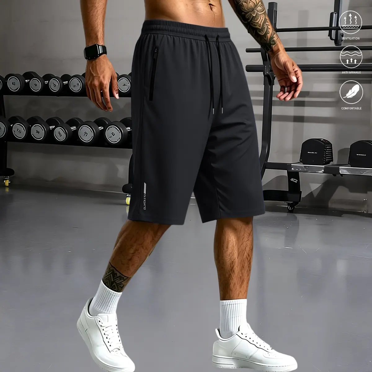 Men’s quick-dry casual shorts with elastic waistband and drawstring, zippered pockets; ideal for summer outdoor running, hiking, camping; stylish letter print; adjustable fit for comfort; summer apparel, men’s shorts, summery vibe.