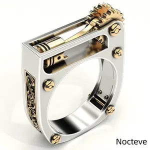 Unisex Geometric Mechanical Two-Tone Base Alloy Split Ring, Angular Industrial Gear Neutral Street Jewelry Urban Street & Unisex Tech Style Gift Wear