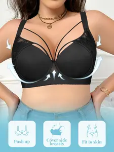 Plus Size Women's Floral Lace Underwire Push-Up Bra - Adjustable Straps, Solid Color Fitted, Medium Stretch, Decorative Lines, Side Support, Comfort Breathable Lingerie | Valentine's Day, Bridal, Everyday Wear