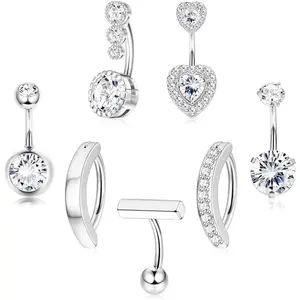 Jstyle 7Pcs Clicker Belly Button Ring for Women Surgical Stainless Steel Cute CZ Heart Belly Rings Gold Simple Barbell Reverse Navel Rings Small Belly Piercing Jewelry 14G Daily