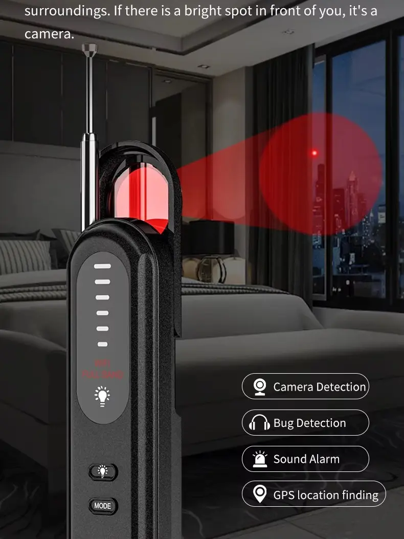 Hidden Camera Detector Anti Spy Bug Detector Portable RF Wireless Signal Scanner GPS Tracker Finder with Infrared Lens Detection 6.5GHz Wide Band 3 Modes 5 Level Sensitivity Type-C Rechargeable for Home Office Hotel Car Travel Privacy Protection