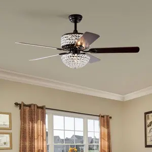 52 Inch Dual Crystal Shade Ceiling Fan with 5 Wood Blades, Two-color fan blade, AC Motor, Remote Control, Reversible Airflow, Multi-Speed, Adjustable Height, Traditional Ceiling Fa (No include Bulbs)