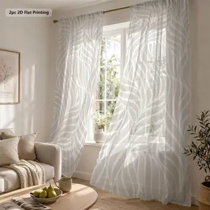 2pcs 2D flat printing Monochrome Abstract Leaf Pattern Sheer Curtains for Light Filtering, Elegant Drapes Ideal for Living Room and Bedroom Decor, Made of Polyester with Smooth, Wavy Textured Design, Perfectly Balanced Transparency for Privacy