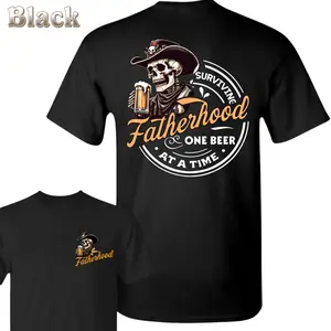 Surviving Fatherhood T-Shirt – Large Skeleton Cowboy With Beer Mug And “Surviving Fatherhood One Beer At A Time” Badge , Funny Dad Apparel , BBQ And Game Day Wear , Unisex T-Shirt , Soft Comfortable Fit Father’s Day Gift For Dad