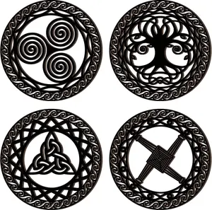 Celtic Symbol Wall Decor 4 Pcs Celtic Cross Knot Triple Spiral Symbol Wood Sign Wood Sacred Geometry Wall Art Wooden Wall Art Decor Irish Blessing Wall Decor Nordic Wall Hanging (Black, Geometry) Geometric Light Room Window