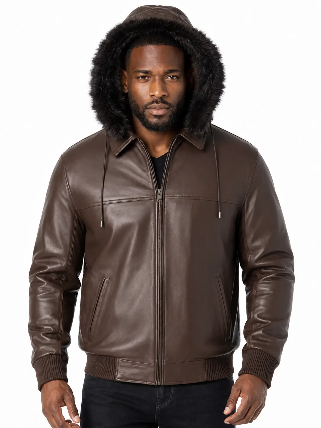 REED Men's Hooded Real Leather Bomber Zip-Up Jacket - Imported, Zip-Out Liner, Long Sleeve Casual Tops, Elastic Coats with Fur Accents, Zipper Closure