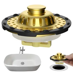 Universal Bathtub Drain Stopper Shower Drain Hair Catcher, Tub Stopper with Visible Top Strainer, Upgraded 3 in 1 Pop-up Drain Plug Fit for 1.5 to 2.4" Hole, Stainless Filter Basket, Brushed Gold