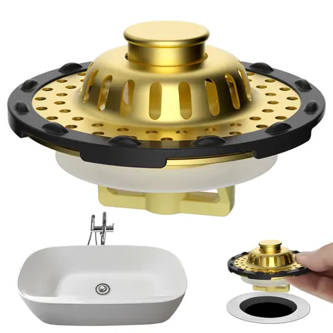 Hibbent Brushed Gold 2-Pack Upgraded 3-in-1 Universal Round Bathtub Drain Stopper, Bathroom Accessory with Water Control, Visible Top Strainer Pop-up Plug, Stainless Steel Filter Basket for 1.5-2.4" Holes, 2 Pack - Brushed Gold